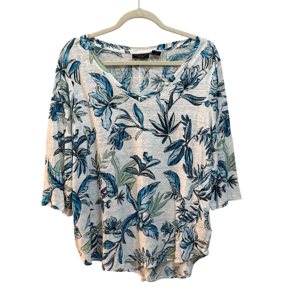 Tahari Top Womens 1X Blue Linen Floral Tunic V Neck 3/4 Sleeve Summer Casual - Picture 2 of 6